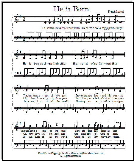 He is Born, the Divine Christ Child, piano music with parallel sixths in the right hand and easy broken chords in the left hand.