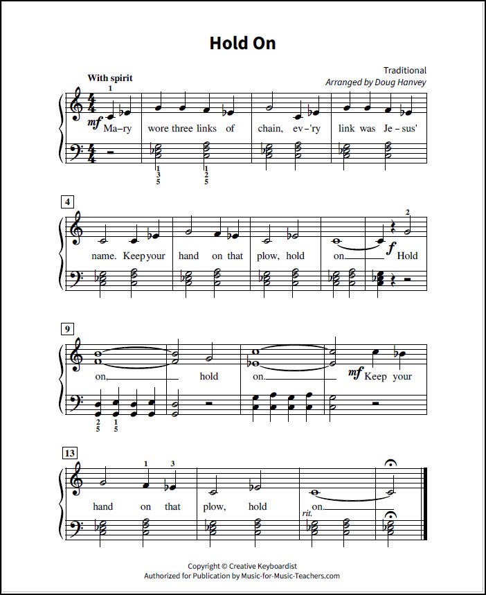 Spiritual song "Hold On" for piano
