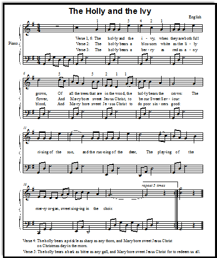 Christmas song lyrics and sheet music for Holly and Ivy