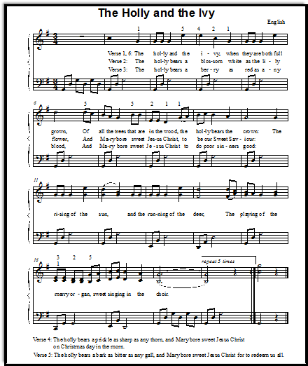 The Holly and the Ivy Christmas music for piano with harmony in the right hand