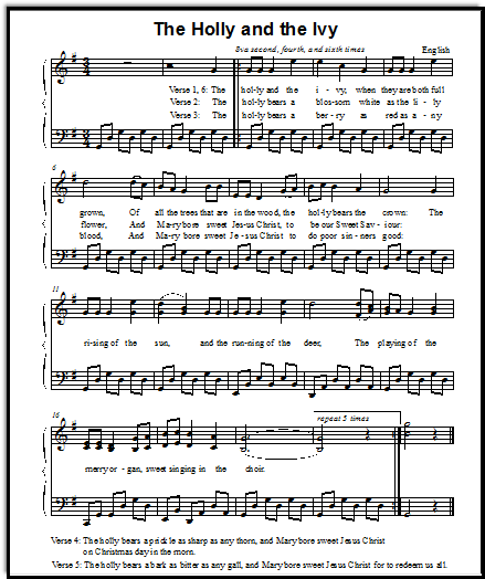 Free Christmas songs Holly and Ivy - this page shows broken chords in left hand, and moving chords in right hand also.  At Music-for-Music-Teachers.com