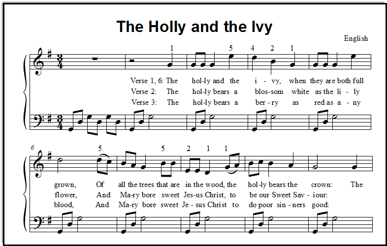 A closeup of Holly and Ivy Christmas sheet  music for piano.