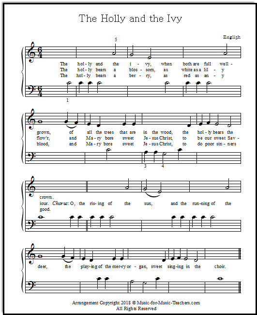 A Middle-C shared hands arrangement of The Holly and the Ivy, for young beginning piano players