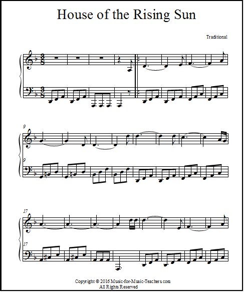 House Of The Rising Sun sheet music for guitar (chords) (PDF)