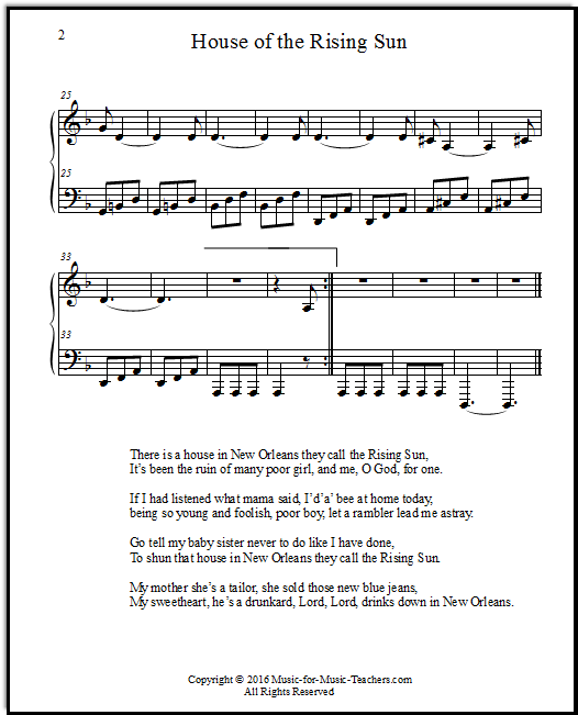 Page two of piano arrangement of House of the Rising Sun, showing the lyrics