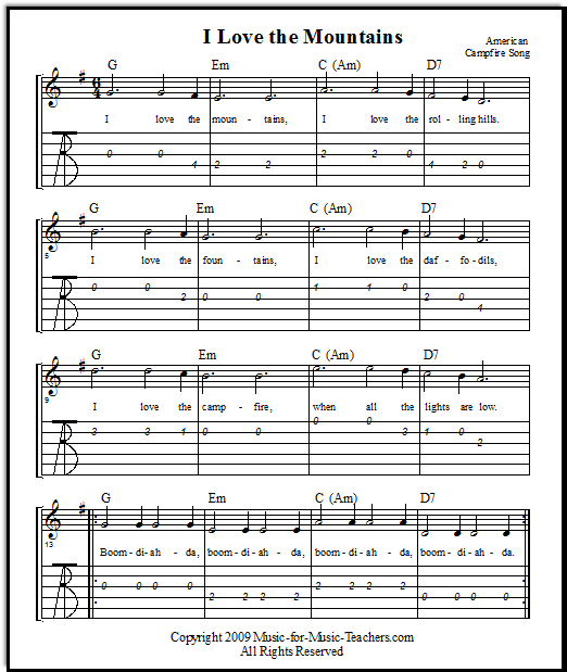 Guitar lead sheet I Love the Mountains