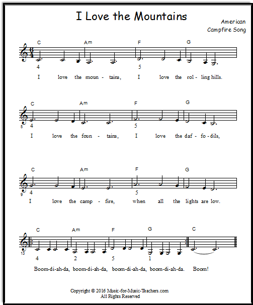 Piano sheet music "I Love the Mountains" for young students