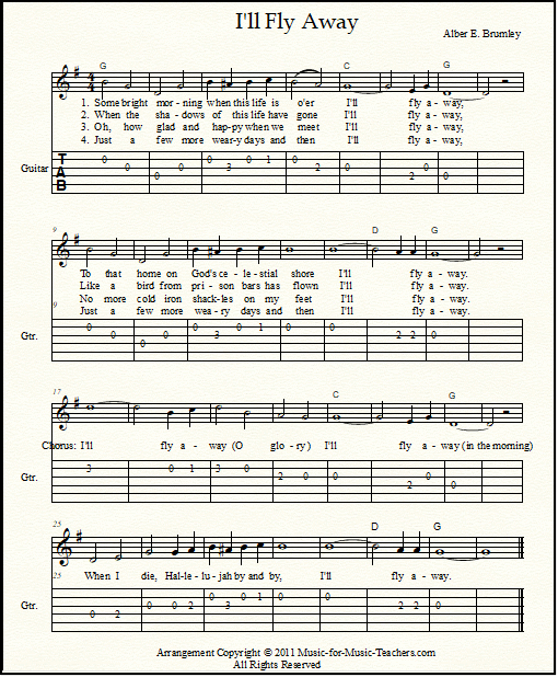 Hymn I'll Fly Away for guitar with easy guitar tabs, plus standard notation for other instruments & voice