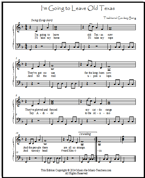 Late elementary piano arrangement of The Cowboy's Lament, or, "I'm Going to Leave Old Texas Now"