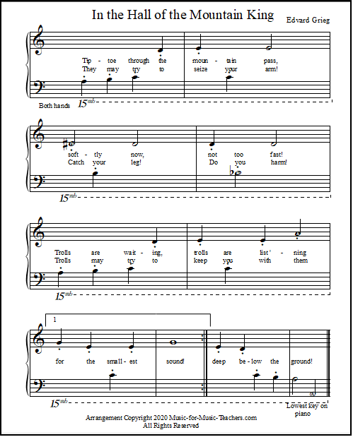 Beginner version of the music "In the Hall of the Mountain King," for piano