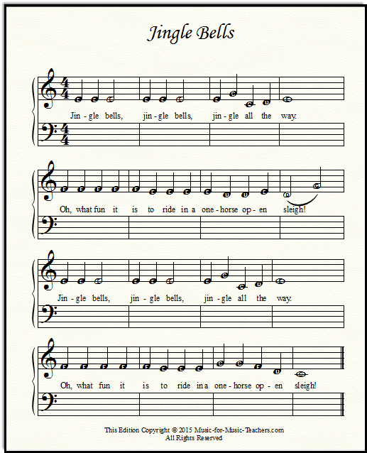 Jingle Bells sheet music for piano, with note names inside the note heads for beginners.