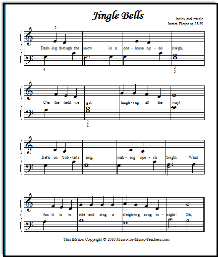 Jingle Bells very easy piano melody placed at Middle C position, with just a bit of harmony.