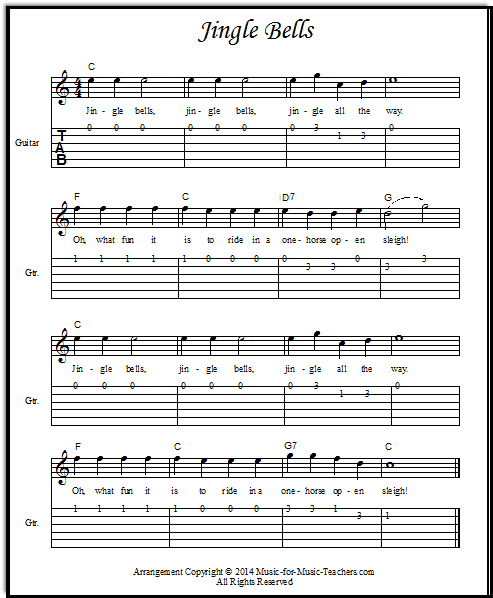 Jingle Bells for guitar with extra chords: C, F, G7, and the V chord of G, D7.
