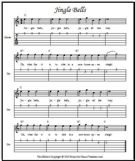 Free Christmas Songs Jingle Bells for guitar; the melody starts on string 1.
Music-for-Music-Teachers.com