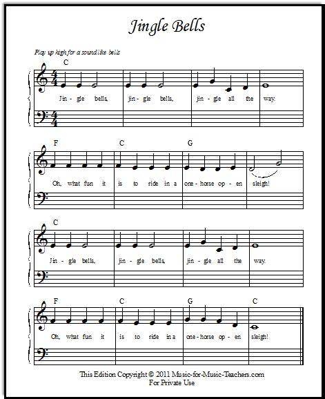 Jingle Bells melody for right hand piano, with chord symbols above the staff for left hand use.