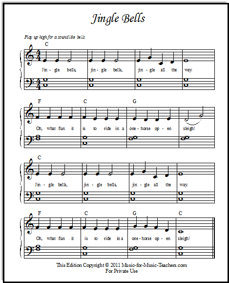 Jingle Bells easy piano music with chords in the left hand