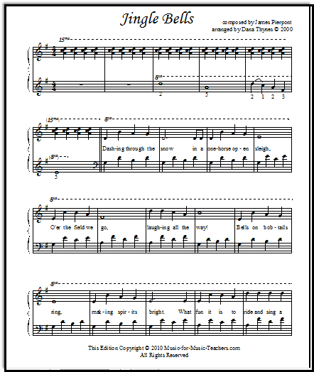 Jingle Bells intermediate level piano music, with broken chords in the left hand.  Using the full melody, not just the chorus.