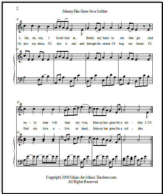 free vocal sheet music for Johnny Has Gone for a Soldier