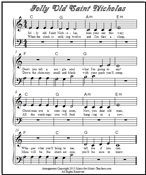 Jolly Old Saint Nick sheet music for beginning note reading, with letters in the note heads.  For piano.