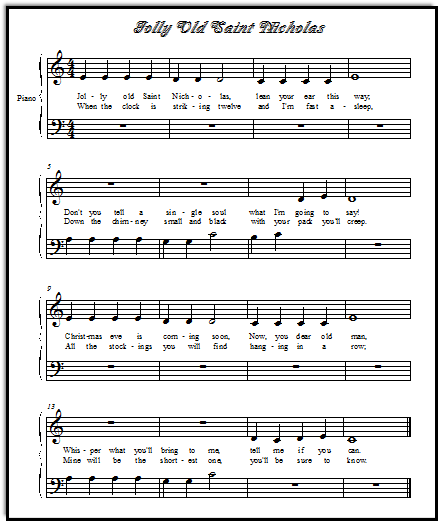 Free print out sheet music Jolly Old Saint Nicholas, written at Middle C position on the piano, with a shared-hands melody