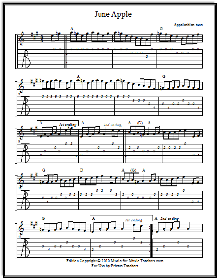 Violin tabs and guitar tabs for June Apple.  Download this free sheet music for your students!