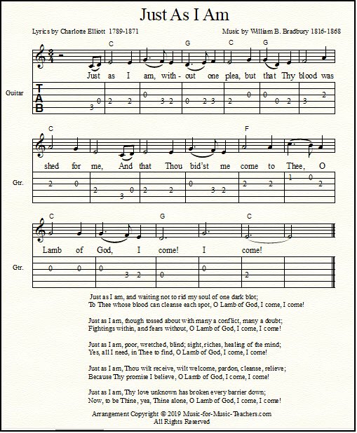 Just As I Am, a hymn for church, with guitar tabs.
