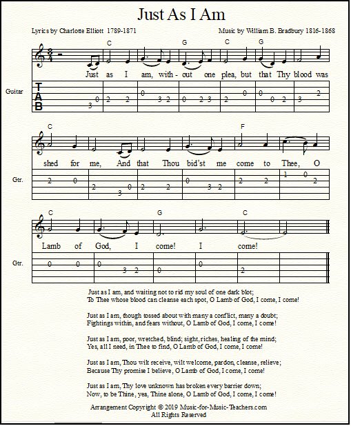Just As I Am Without One Plea for guitar in the key of C, with guitar tablature