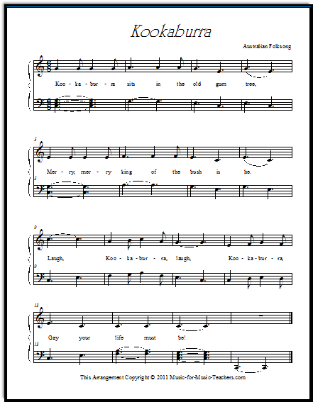 Piano sheet music for kids Kookaburra, an Australian song