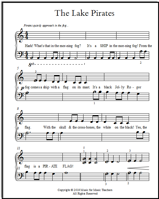 The Lake Pirates, set in Middle C position, with pirate lyrics for beginning piano