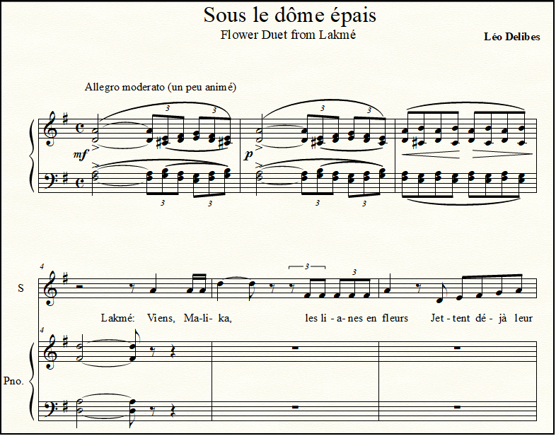 The opening measures of the Lakme opera Flower Duet, a closeup look at the sheet music, transposed down a third to the key of G.