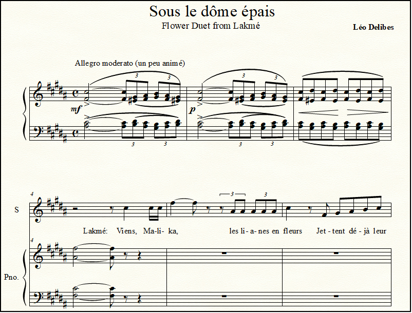 The opening measures of the Lakme opera Flower Duet, a closeup look at the sheet music.