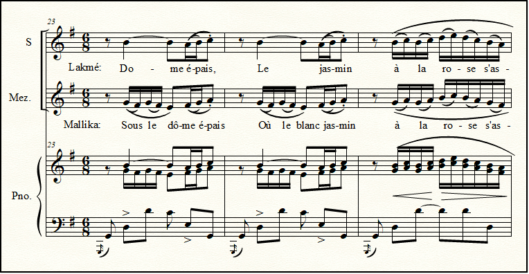 Lakme Flower Duet, page 3, shown in the key of G, down a third from the original.  A closeup view of the sheet music.