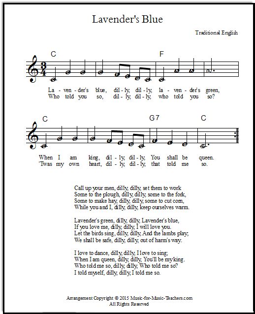 Simple beginner song Lavender's Blue arranged for piano