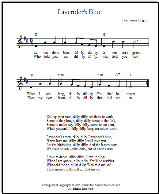 The Cinderella song lyrics "Lavender's Blue" free lead sheets!