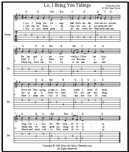 Guitar tablature for Christmas song "Lo, I Bring You Tidings"