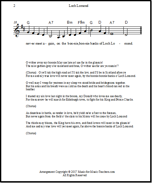 Loch Lomond lyrics and sheetmusic for singers with oldest words