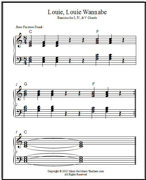 Louie Louie chords for simplifying the understanding of I-IV-V chord relationships.  Fun!