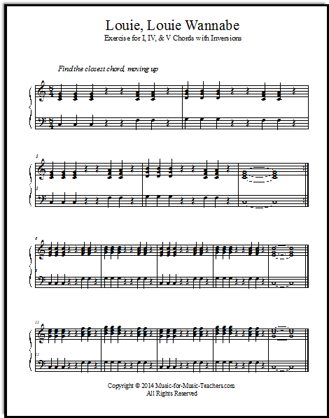 Louie Louie sheet music for piano - teach the three main chords with this song/exercise.