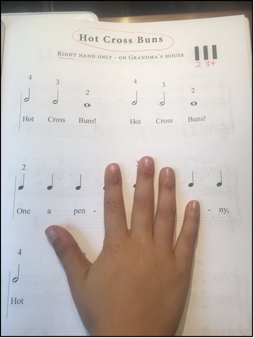 Child's hand with finger markings for piano
