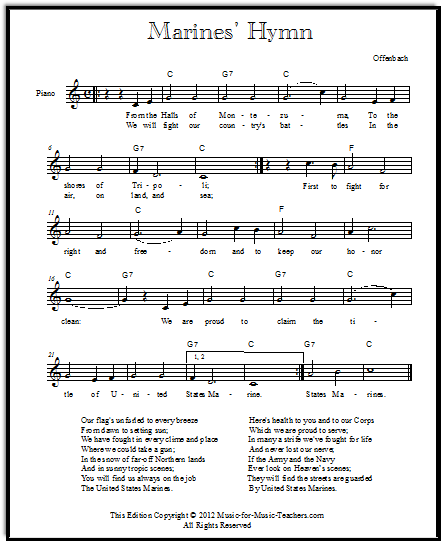 Marine hymn lyrics and sheet music