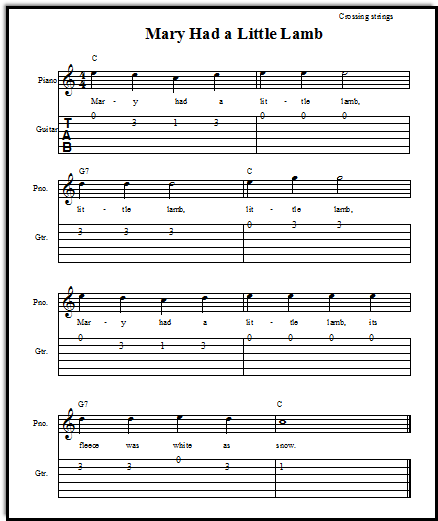 Mary Had a Little Lamb free sheet music with easy guitar tabs