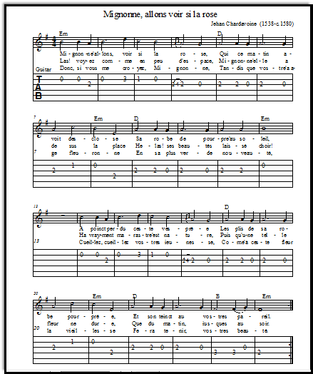 French Renaissance sheet music printable for guitar, showing guitar tabs