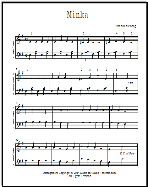 Easy piano songs - Minka, or Russian Dance, in 3 keys