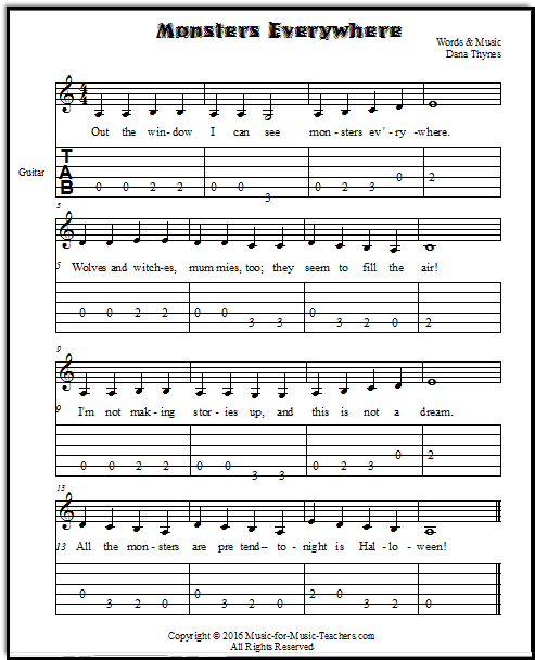 Halloween guitar sheet music with tablature, Monsters Everywhere