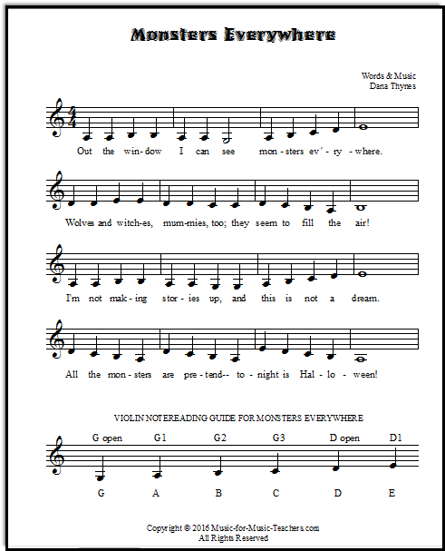 Halloween music for violin with a note-reading guide, "Monsters Everywhere", free download!