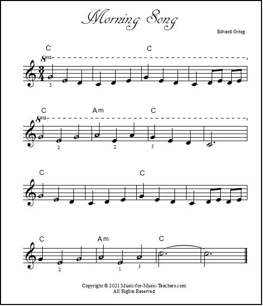 Morning Song piano sheet music with letters in the notes