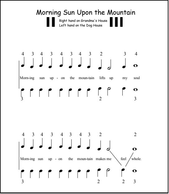 Black notes song for beginner piano, with chord tones, Morning Sun Upon the Mountain