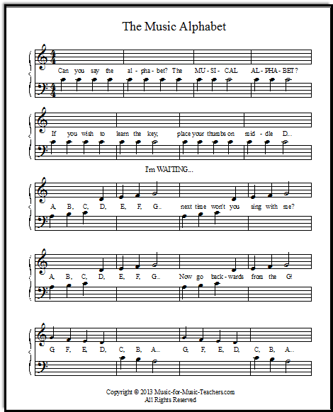 printable music notes song "The Music Alphabet", for beginning piano students