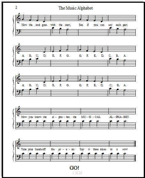 note reading song for beginning piano students, using the musical alphabet