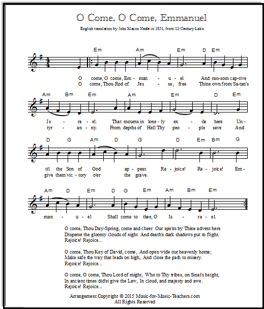 O Come Emmanuel chords and melody, free lead sheets